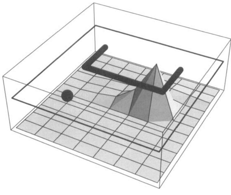 Figure 1.2: Future occupancy prediction from (5,6) (3D surface) — Dayan (1993). The z-axis is the normalized prediction value. The prediction decays exponentially from the starting point — but is completely blocked by obstacles, with predicted values for far-side states almost zero, demonstrating the SR's automatic encoding of "temporal distance."